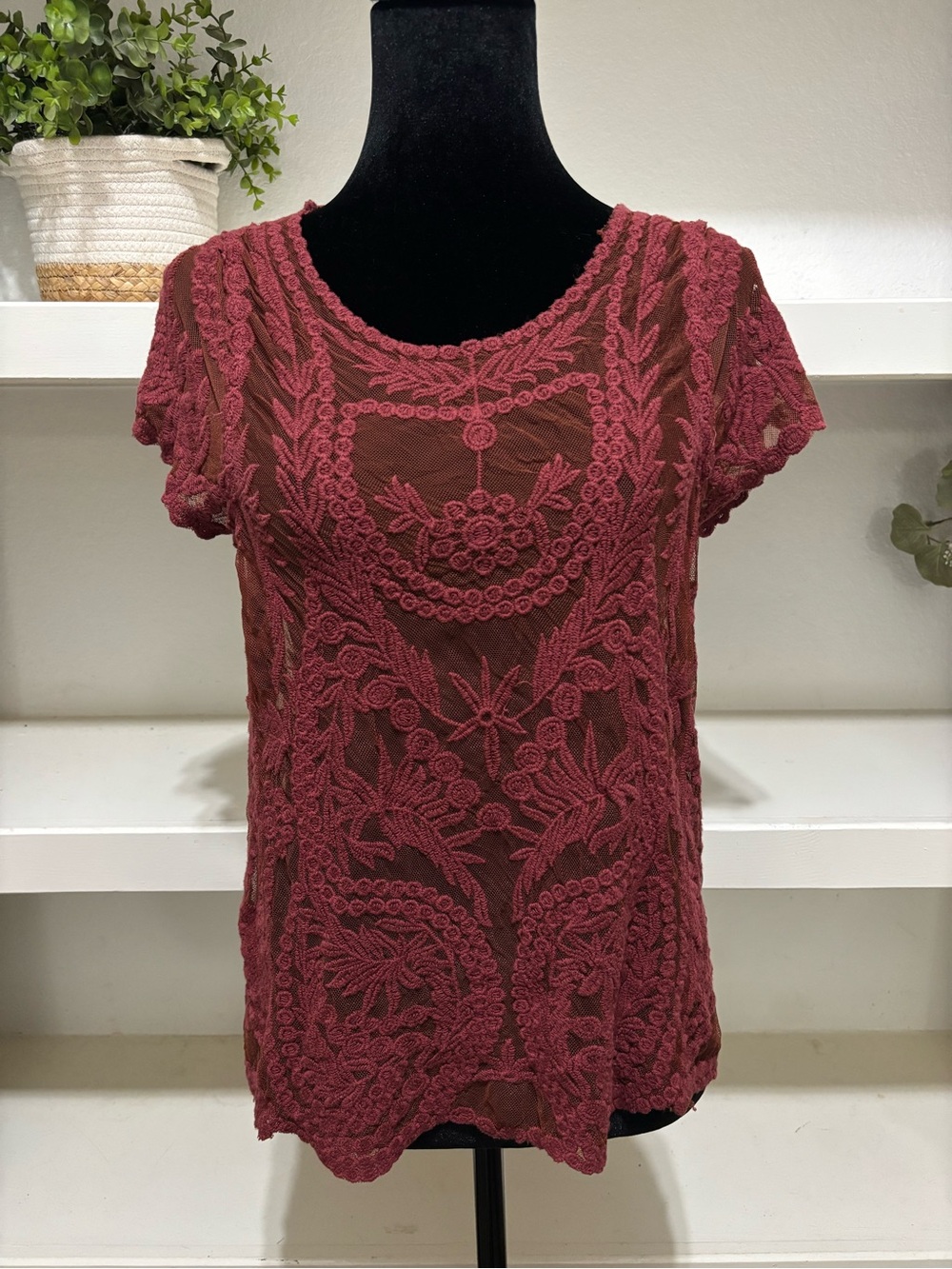 Embroidered Lace Short Sleeve Top - Wine